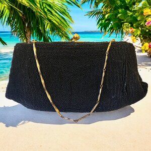 Black Vintage Beaded Evening Bag CLUTCH OR CHAIN Kiss Lock by ROYAL